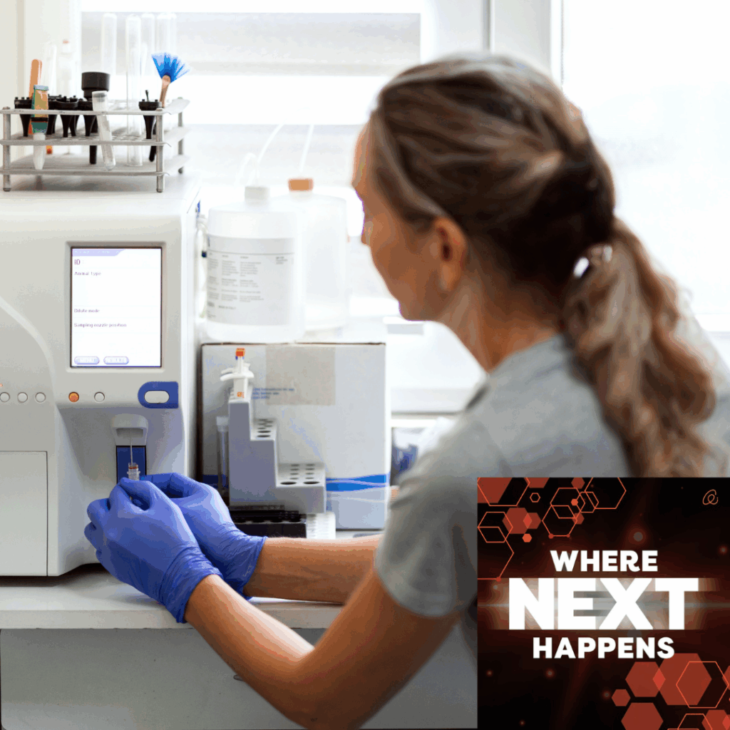 Lab technician wearing gloves inserts a sample vial into a laboratory analyzer, with text overlay reading “WHERE NEXT HAPPENS.”